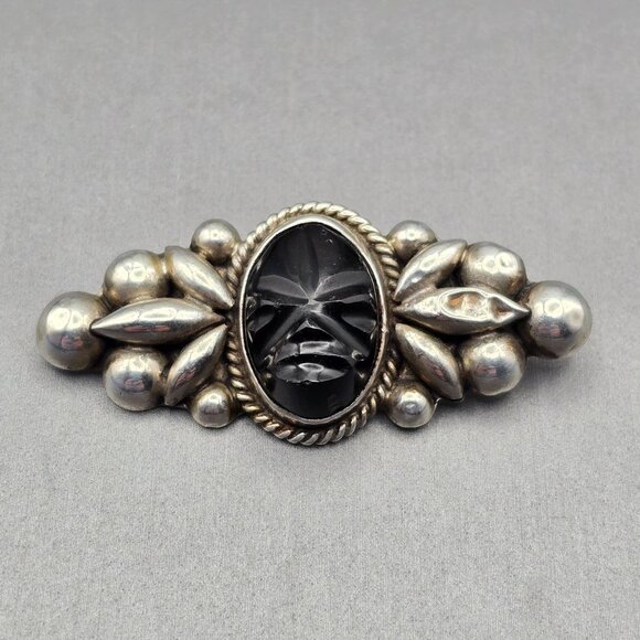 VTG Sterling Silver Black Onyx Brooch 2" Carved Face Mexico Tribal Style 7.65g - Picture 2 of 12
